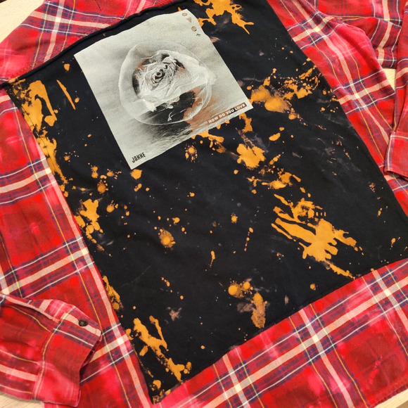 URBNVTG Mens Jakke Patch Flannel Size XL Red Upcycled OOAK 90s Grunge Acid Wash - Picture 6 of 16